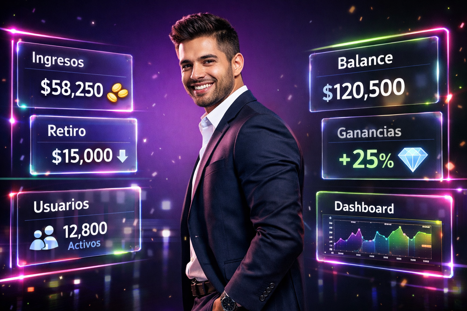 Imagen futurista representando comparación de ingresos en una chamet agency, mostrando interfaces y empresaria colombiano en entorno premium, ideal para blog de comparación de agencia vs hostess Chamet.