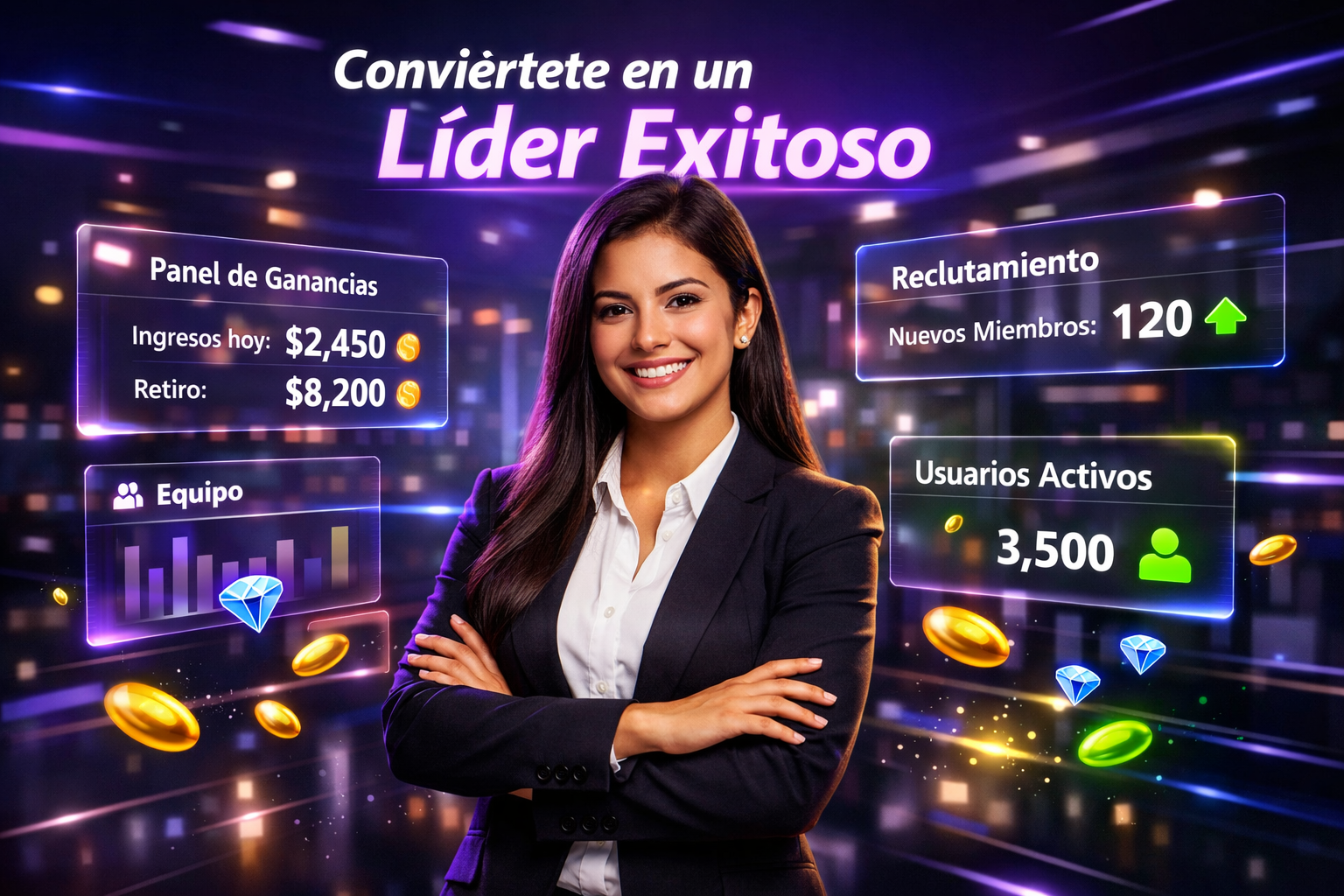 Imagen profesional y moderna de una empresaria colombiana con paneles de datos holográficos sobre estrategia crecimiento agencia Chamet en un entorno tecnológico premium. Ideal para artículo SEO sobre chamet agency y aumento de ingresos.