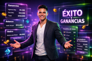 Imagen premium del tutorial de ganancias para agencia Chamet, mostrando un emprendedor colombiano y paneles futuristas de comisiones y seguimiento financiero. chamet agency.