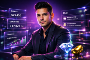 Imagen profesional para blog de chamet agency sobre cómo gestionar equipo Chamet, mostrando una emprendedora colombiana en ambiente tecnológico moderno con paneles holográficos de rendimiento y comunicación efectiva.