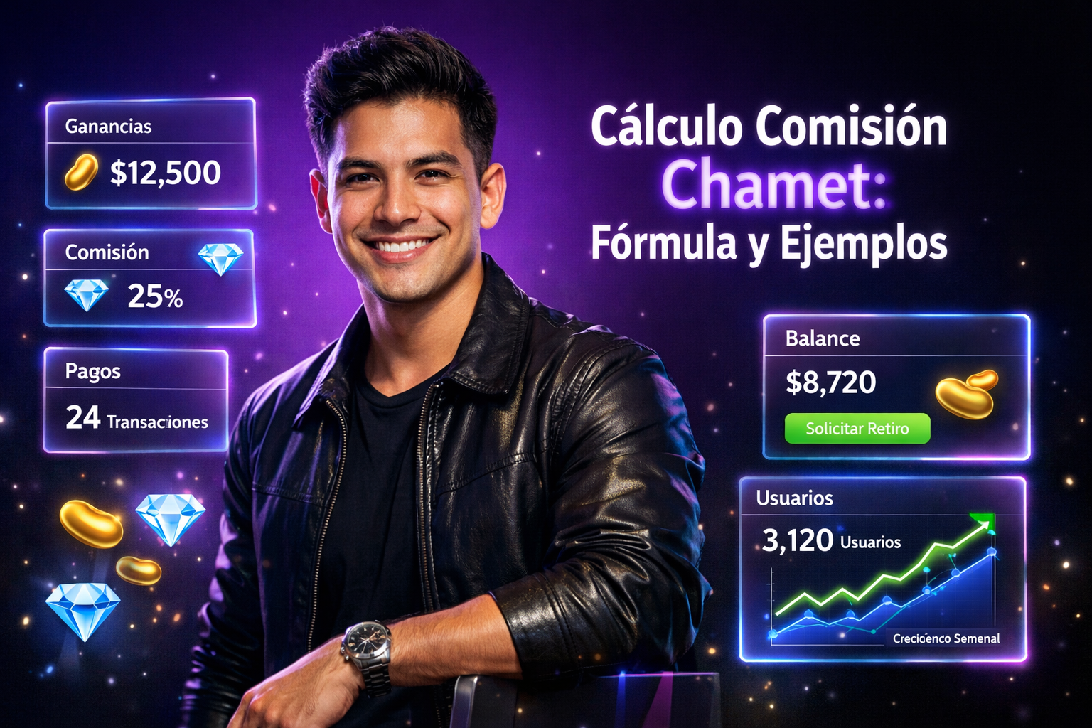 Imagen premium de un emprendedor colombiano en entorno tecnológico mostrando paneles de ganancias y comisiones para una chamet agency.