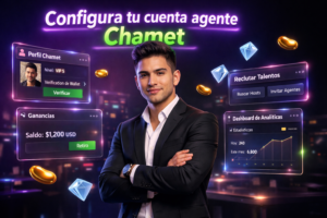 Guía visual para configurar cuenta agente Chamet y wallet en chamet agency, mostrando panel de perfil, ganancias y reclutamiento en un entorno tecnológico premium.