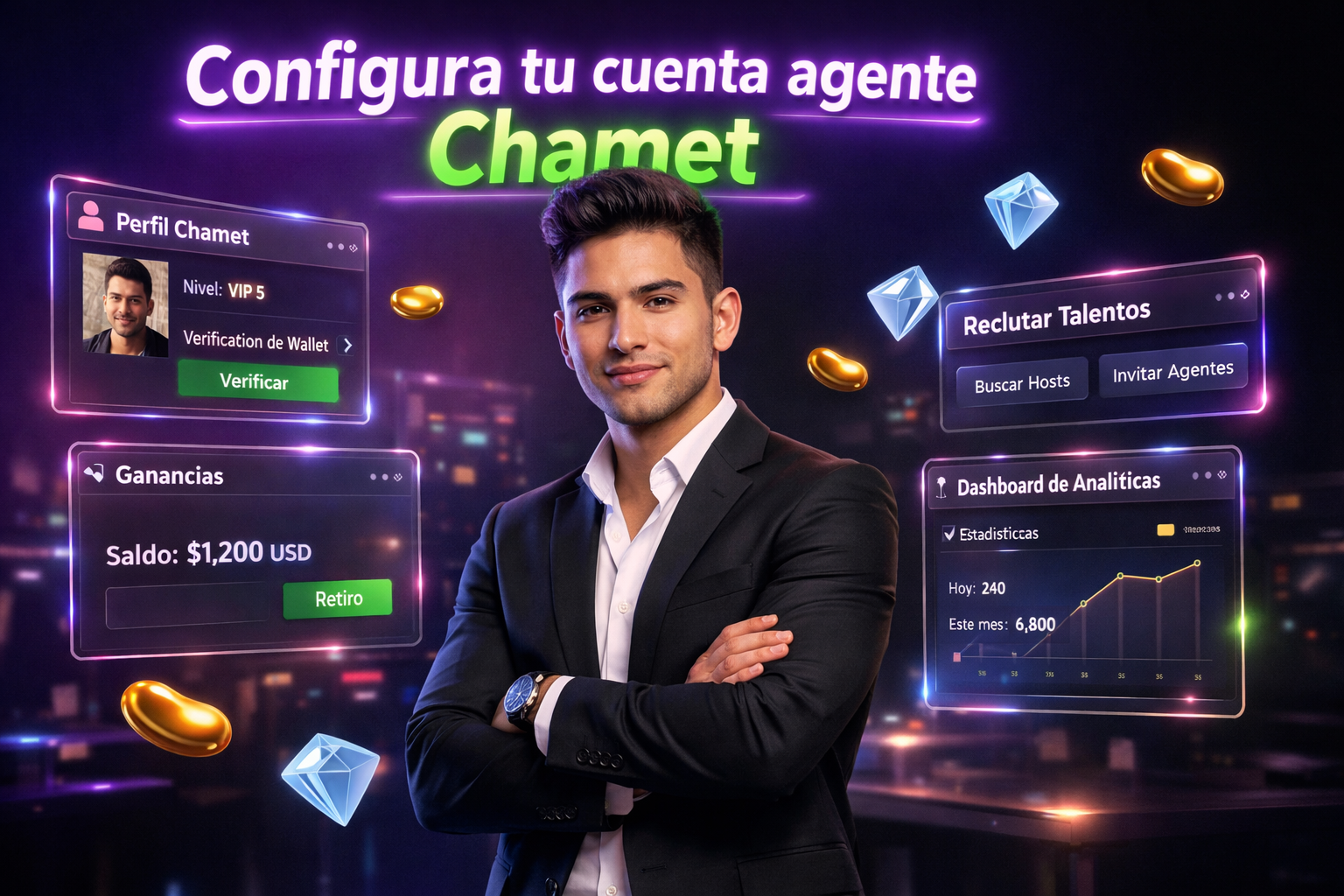 Guía visual para configurar cuenta agente Chamet y wallet en chamet agency, mostrando panel de perfil, ganancias y reclutamiento en un entorno tecnológico premium.