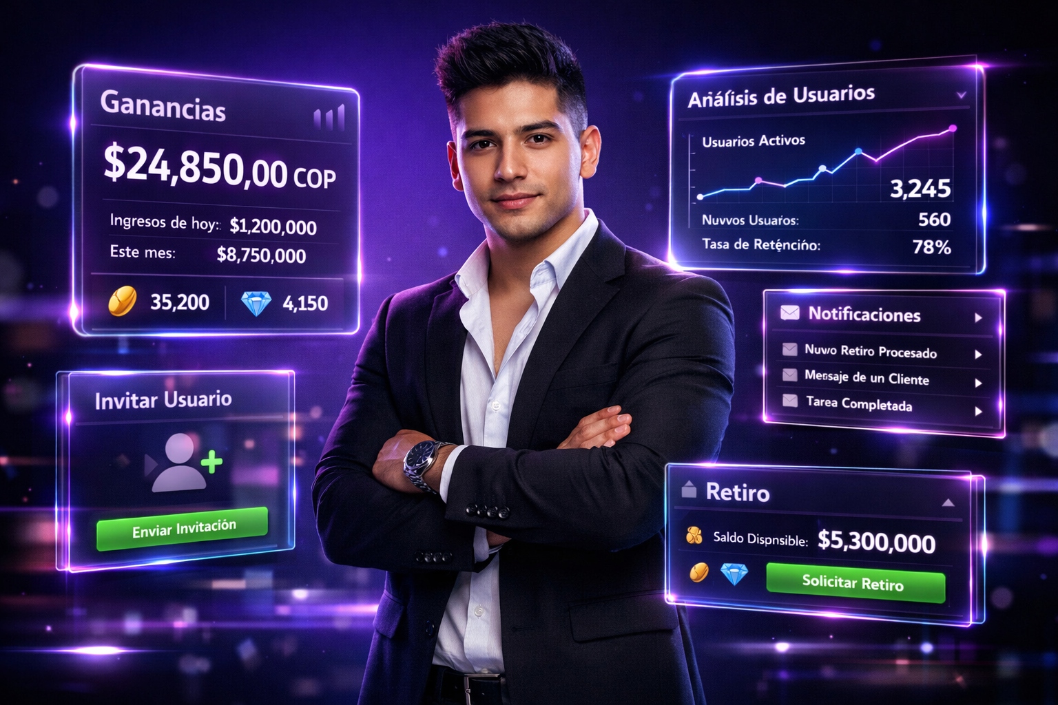 Imagen profesional mostrando una persona joven colombiana en entorno tecnológico, sobre paneles holográficos en español, ilustrando cómo crear y compartir enlaces para chamet agency.