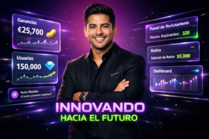Joven emprendedor colombiano en entorno futurista con paneles holográficos mostrando dashboards y estrategias para chamet agency, enfocado en evitar errores comunes de reclutamiento.