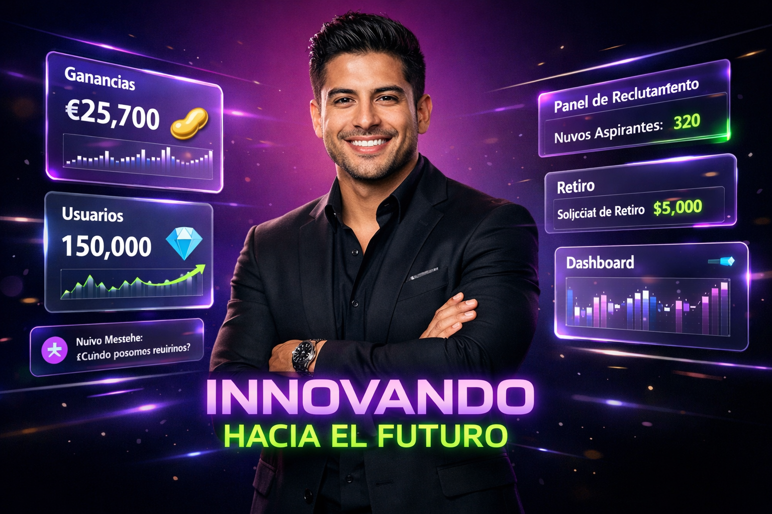 Joven emprendedor colombiano en entorno futurista con paneles holográficos mostrando dashboards y estrategias para chamet agency, enfocado en evitar errores comunes de reclutamiento.