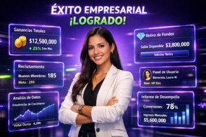Imagen profesional mostrando una emprendedora colombiana en oficina futurista analizando dashboards sobre estructura de subagentes para chamet agency y estrategias de expansión.
