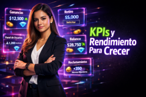 Imagen profesional destacada para post sobre métricas y KPIs de chamet agency, ilustrando paneles futuristas, análisis de ganancias, y optimización de rendimiento.
