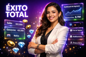 Imagen ultra-realista de una joven empresaria colombiana en un espacio futurista, mostrando paneles holográficos de agencia digital y dashboards de ingresos, ilustrando una guía sobre el modelo negocio Chamet para chamet agency.
