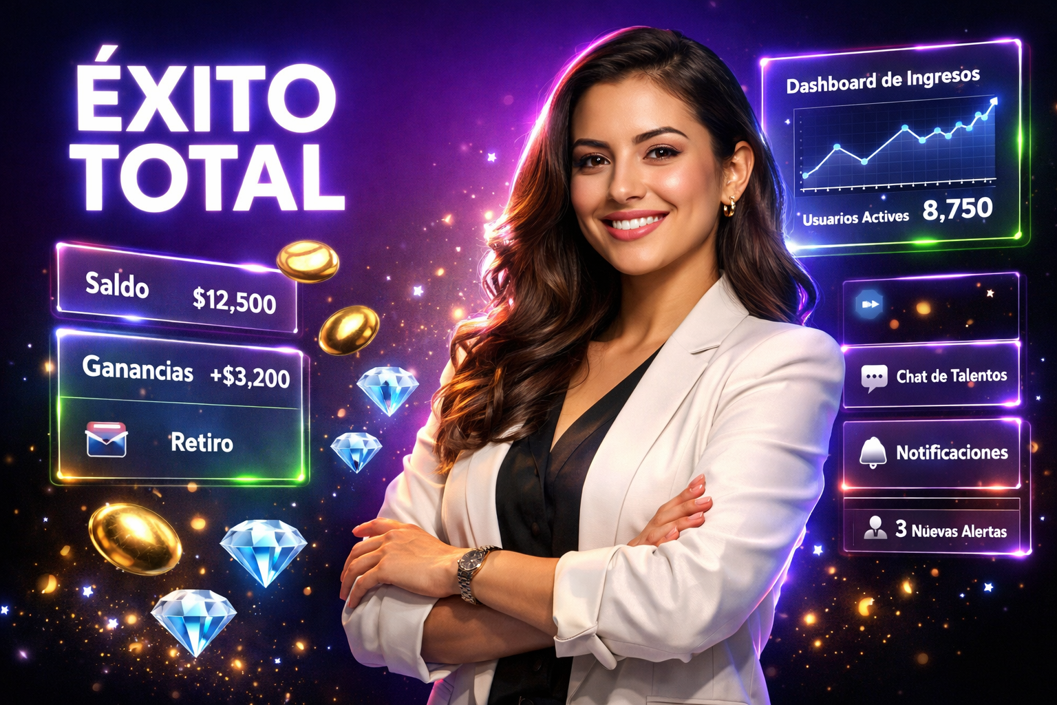 Imagen ultra-realista de una joven empresaria colombiana en un espacio futurista, mostrando paneles holográficos de agencia digital y dashboards de ingresos, ilustrando una guía sobre el modelo negocio Chamet para chamet agency.