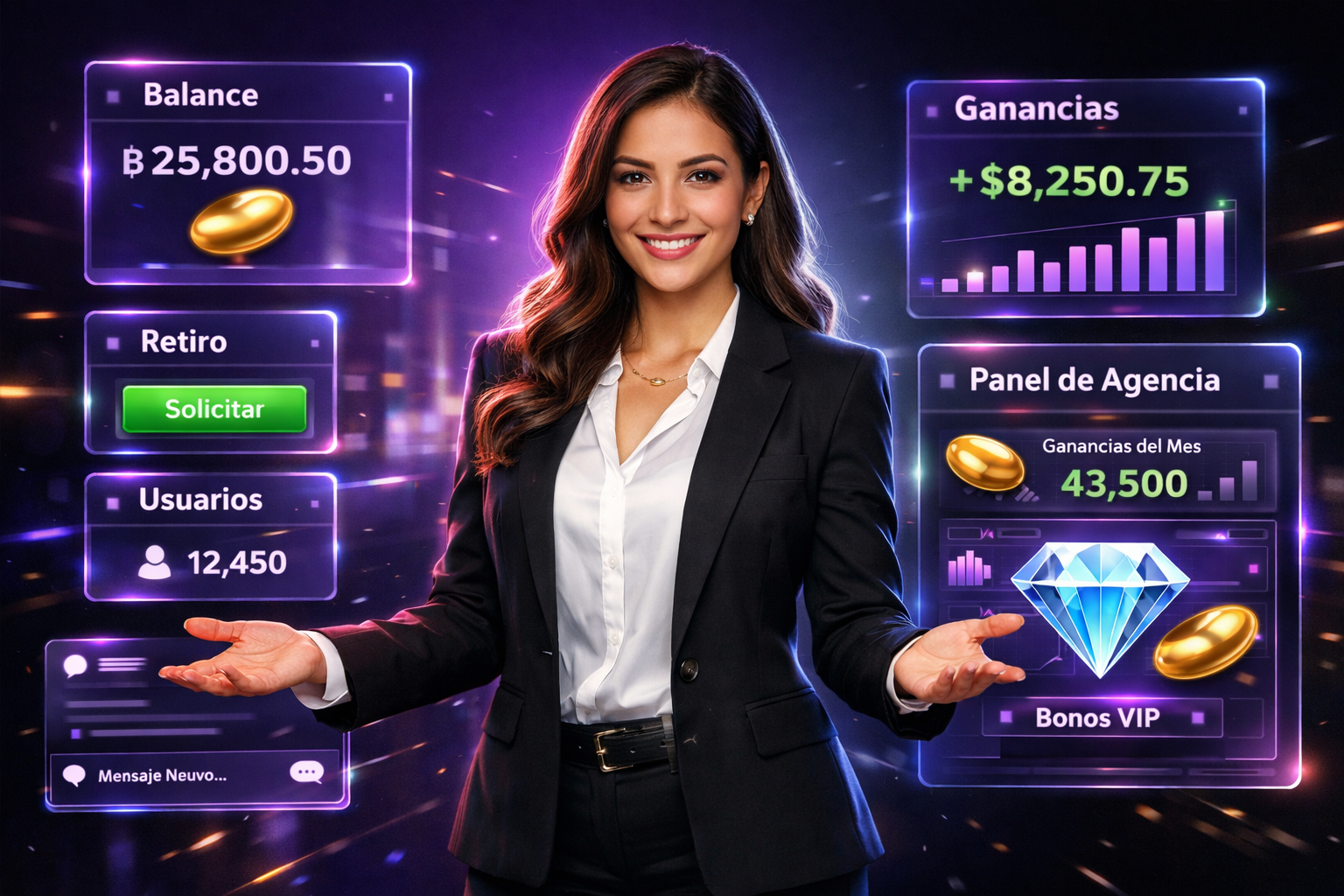 Imagen profesional mostrando guía sobre reglas chamet y crecimiento de chamet agency, destacando paneles holográficos y emprendedora colombiana en espacio tech moderno.