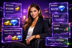 Imagen profesional mostrando paneles de analítica y ganancias en Chamet, destacando estrategias de retención de hostesses para chamet agency.