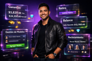 Joven emprendedor colombiano en workspace futurista gestionando modelos y tareas clave para rutina diaria de chamet agency, mostrando dashboards en español y paneles holográficos.