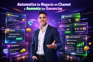 Imagen profesional mostrando un emprendedor colombiano moderno en un entorno tecnológico oscuro con interfaces holográficas relacionadas a Chamet, ideal como imagen destacada para agencia chamet y automatización.