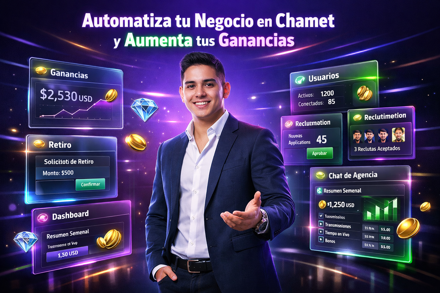 Imagen profesional mostrando un emprendedor colombiano moderno en un entorno tecnológico oscuro con interfaces holográficas relacionadas a Chamet, ideal como imagen destacada para agencia chamet y automatización.