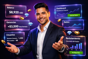 Emprendedor colombiano en entorno tecnológico mostrando paneles de ganancias Chamet; explicación visual de diferencias entre agente y subagente en una chamet agency.