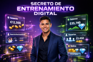Joven emprendedor colombiano en entorno tecnológico premium, rodeado de paneles holográficos de Chamet mostrando paneles de ganancias y usuarios, con enfoque profesional en estrategias de chamet agency.