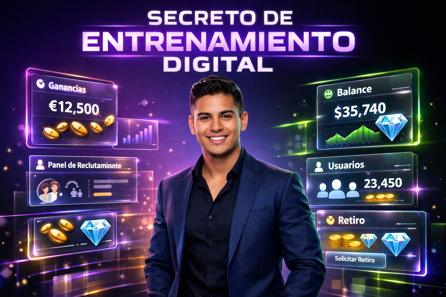 Joven emprendedor colombiano en entorno tecnológico premium, rodeado de paneles holográficos de Chamet mostrando paneles de ganancias y usuarios, con enfoque profesional en estrategias de chamet agency.