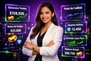 Imagen ultra realista de una joven profesional colombiana en un ambiente tech con paneles de datos, mostrando crecimiento y estrategia de agencia chamet.