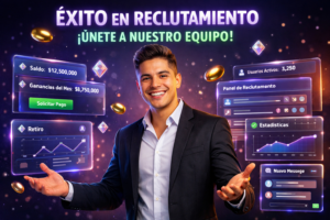 Imagen profesional mostrando paneles holográficos de resultados y estrategias de reclutamiento para agencia chamet en un entorno futurista oscuro.