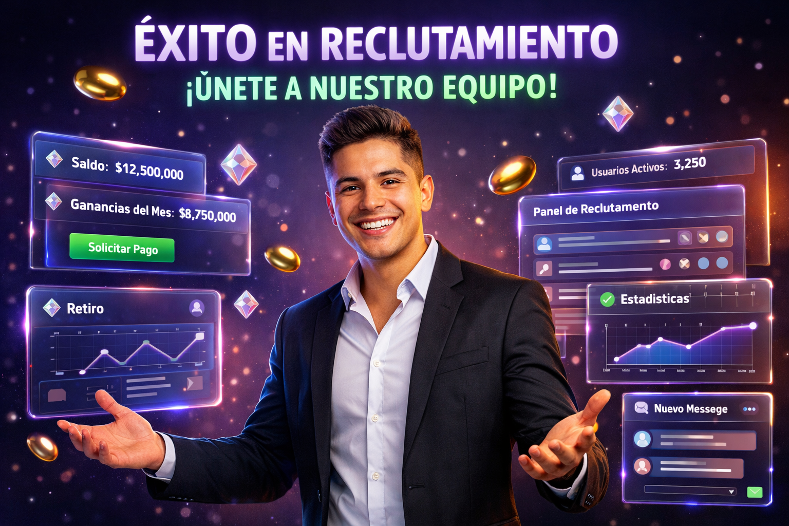 Imagen profesional mostrando paneles holográficos de resultados y estrategias de reclutamiento para agencia chamet en un entorno futurista oscuro.