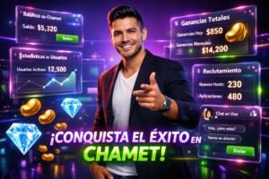 Imagen profesional de un colombiano en oficina futurista con paneles de datos, ilustrando una guía de expansión global para chamet agency.
