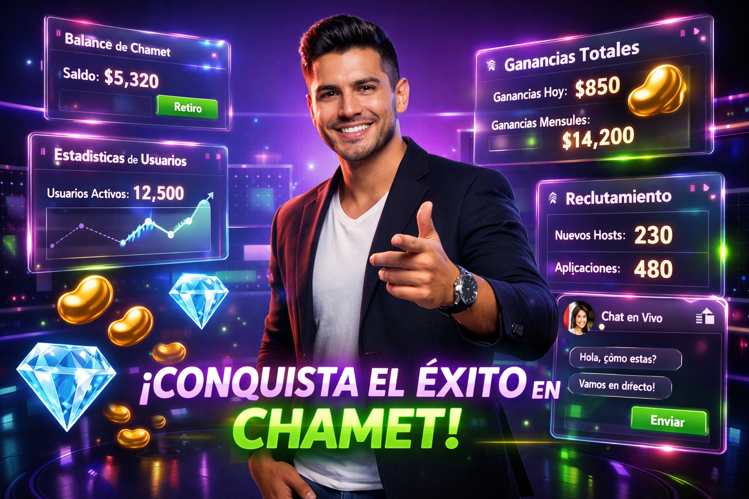 Imagen profesional de un colombiano en oficina futurista con paneles de datos, ilustrando una guía de expansión global para chamet agency.