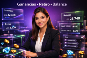 Imagen profesional para blog de chamet agency mostrando empresaria colombiana con paneles futuristas, estadísticas y enfoque en el funnel reclutamiento Chamet.
