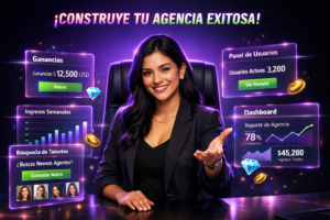 Imagen ultrarrealista mostrando una empresaria colombiana en entorno tecnológico con paneles de analytics y capturas de interface, destacando la guía chamet agency para principiantes.
