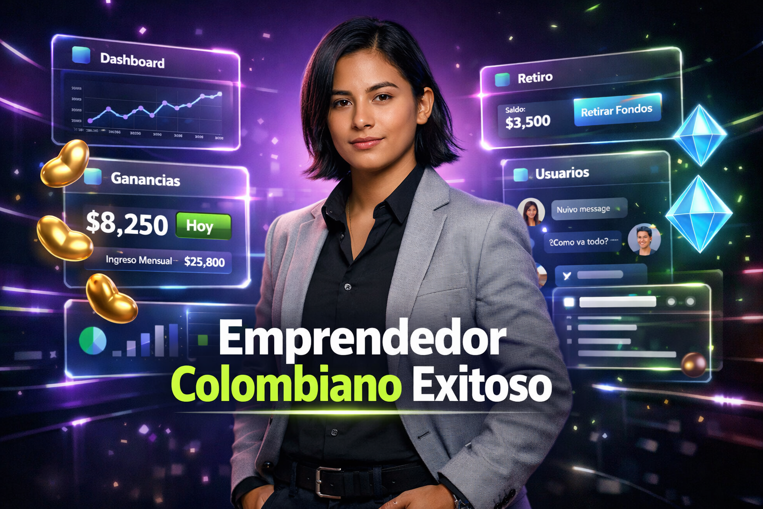 Imagen profesional y futurista mostrando un empresario colombiano con paneles holográficos, gráficos de gestión y reclutamiento para una chamet agency.