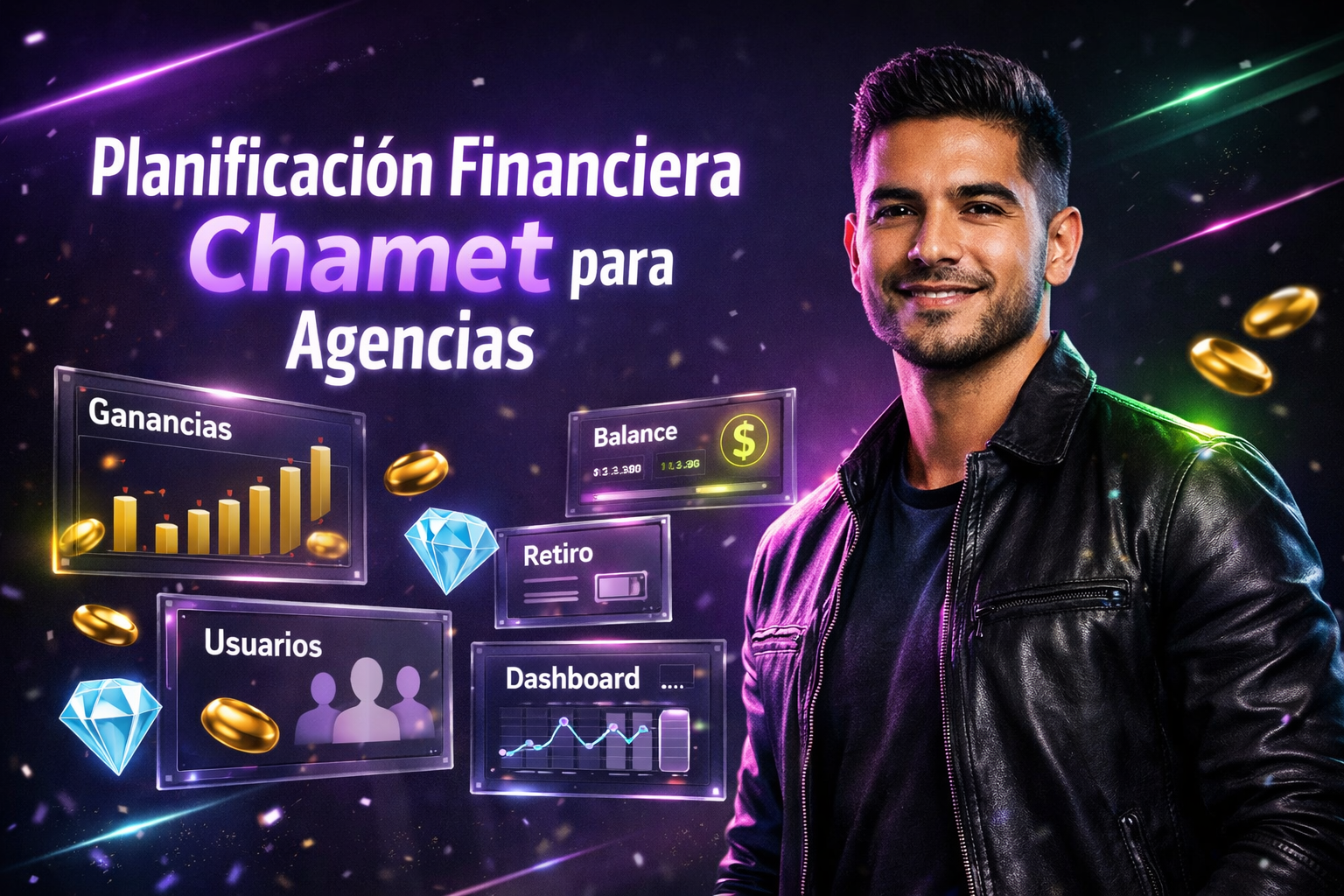 Guía visual profesional sobre planificación financiera Chamet para agencias, destacando paneles de ganancias y balance en español, ideal para agencias chamet.