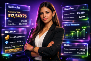 Imagen profesional mostrando análisis de reportes para chamet agency con dashboards futuristas y emprendedora colombiana en oficina tecnológica.