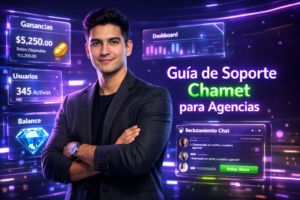 Imagen profesional de un joven emprendedor colombiano usando paneles tecnológicos y dashboards holográficos en un entorno premium, para un post sobre soporte y consejos para chamet agency.