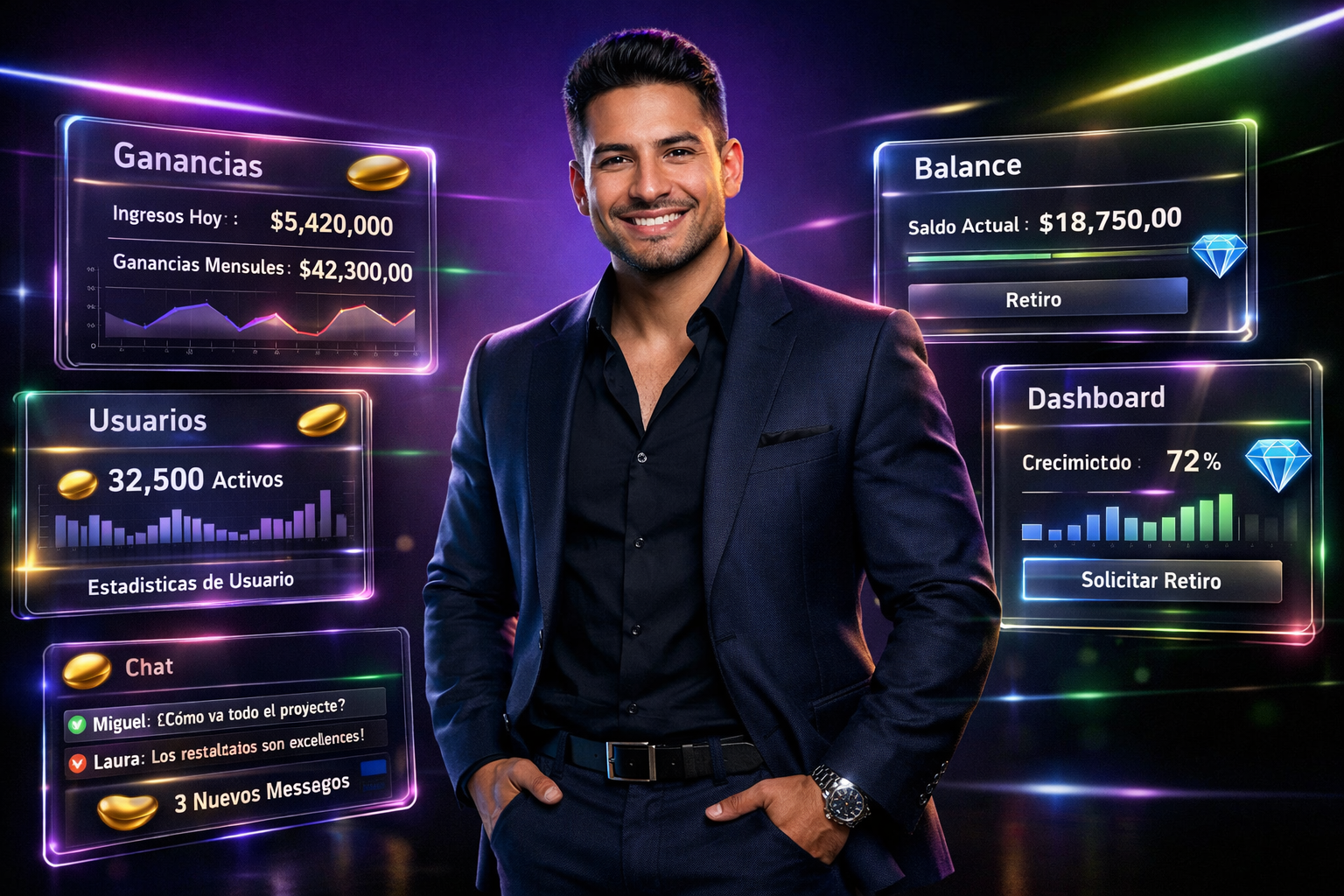 Joven emprendedor colombiano en entorno tecnológico premium mostrando paneles holográficos con métricas de branding Chamet para potenciar tu chamet agency y reclutar creadores eficaces.