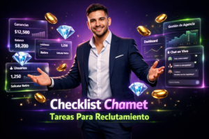 Imagen ultra realista de un joven profesional colombiano en oficina futurista, mostrando paneles holográficos de tareas para chamet agency y reclutamiento.