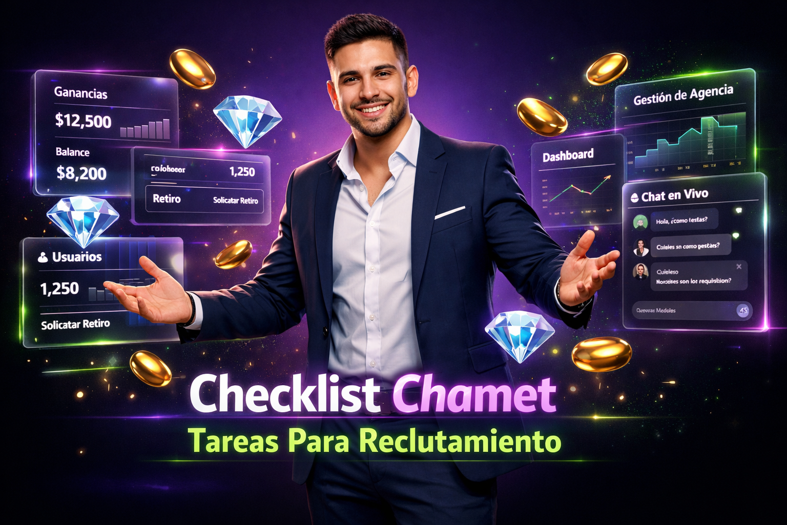 Imagen ultra realista de un joven profesional colombiano en oficina futurista, mostrando paneles holográficos de tareas para chamet agency y reclutamiento.