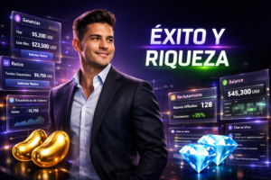 Joven emprendedor colombiano usando un futurista panel de control para escalar ingresos Chamet, mostrando el crecimiento de chamet agency con dashboards de ganancias y reclutamiento.