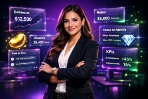 Imagen futurista de emprendedora colombiana analizando paneles de datos holográficos sobre tendencias Chamet, ideal para un artículo profesional sobre cómo crecer una chamet agency.