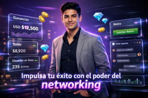 Imagen premium de un joven empresario colombiano en un entorno futurista, mostrando paneles de datos de chamet agency y estrategias de networking para colaborar y crecer.