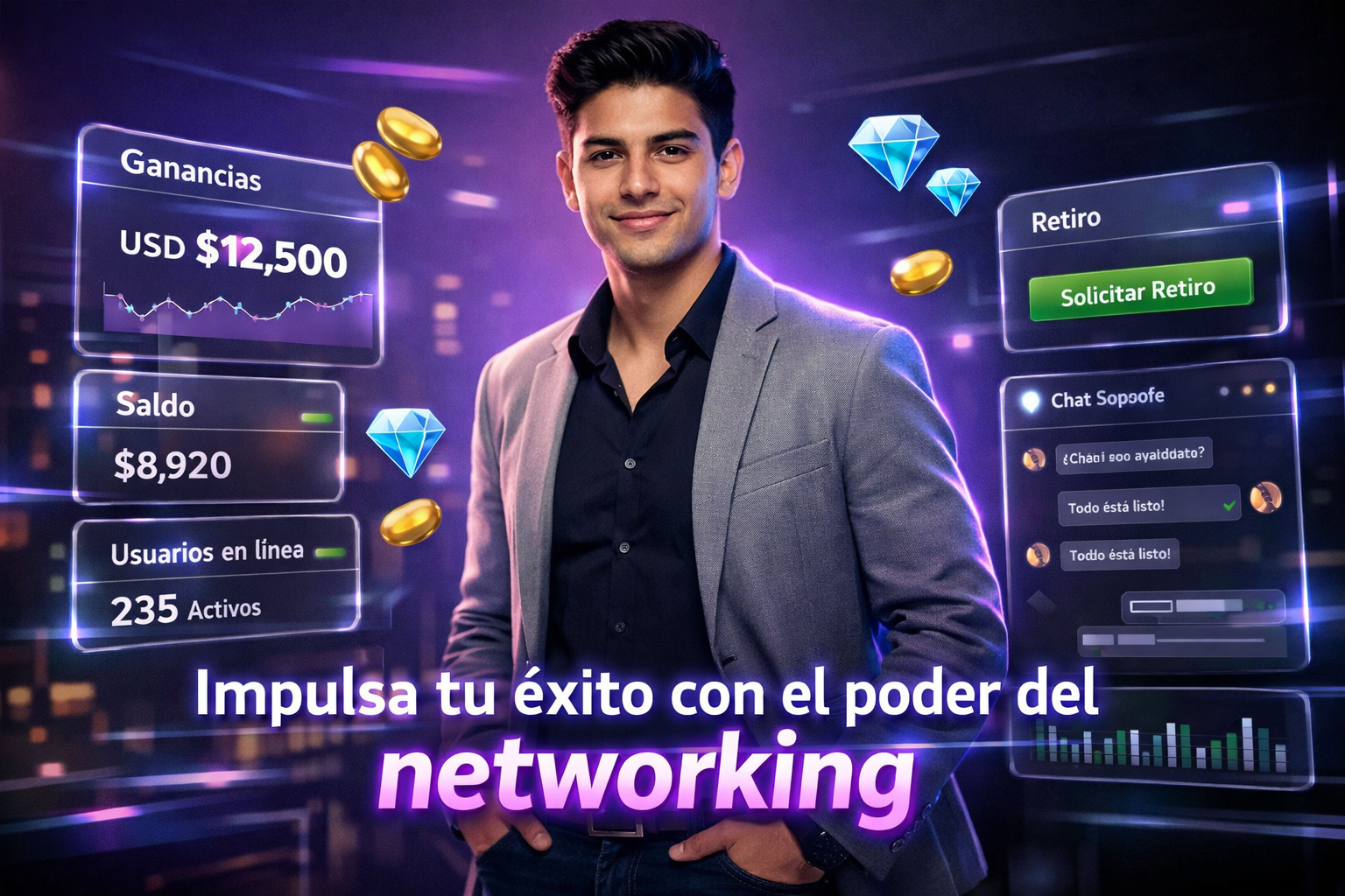 Imagen premium de un joven empresario colombiano en un entorno futurista, mostrando paneles de datos de chamet agency y estrategias de networking para colaborar y crecer.