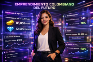 Imagen profesional mostrando una emprendedora colombiana tecnológica usando paneles futuristas para resolver problemas con chamet agency, ilustrando soluciones y estrategias de crecimiento de la agencia.