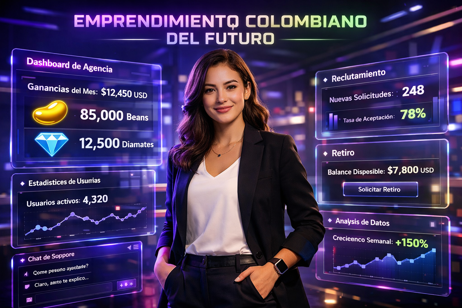 Imagen profesional mostrando una emprendedora colombiana tecnológica usando paneles futuristas para resolver problemas con chamet agency, ilustrando soluciones y estrategias de crecimiento de la agencia.