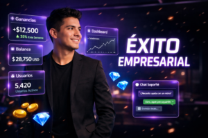 Imagen ultra realista de un joven empresario colombiano en una oficina futurista con paneles de estadísticas en español mostrando productividad chamet y eficiencia para una chamet agency, en tonos oscuros con luces neón y elementos tecnológicos modernos.