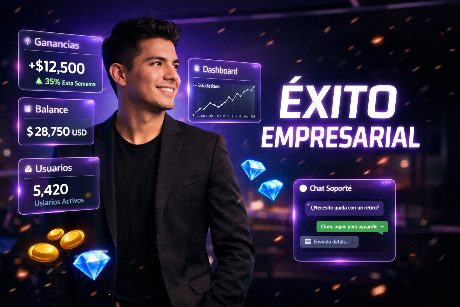 Imagen ultra realista de un joven empresario colombiano en una oficina futurista con paneles de estadísticas en español mostrando productividad chamet y eficiencia para una chamet agency, en tonos oscuros con luces neón y elementos tecnológicos modernos.