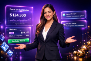 Imagen profesional de una emprendedora en oficina futurista con paneles de UI sobre reclutamiento en español, representando una chamet agency en México.
