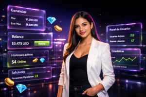 Imagen ultra realista mostrando a una emprendedora colombiana en ambiente tecnológico, con paneles de usuario y analíticas de chamet agency enfocados en el reclutamiento y contratación de hostesses.