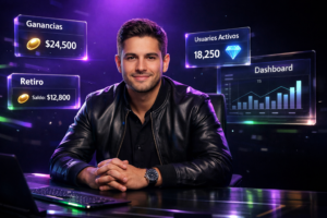 Joven empresario colombiano en una agencia chamet, posando seguro en un entorno futurista oscuro con paneles de ganancias y usuarios, ilustrando estrategias para aumentar la retención y la fidelización en una chamet agency.