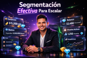 Joven emprendedor colombiano gestionando interfaces de agencia chamet con paneles modernos y segmentación, mostrando estrategias para escalar una agencia chamet con éxito.