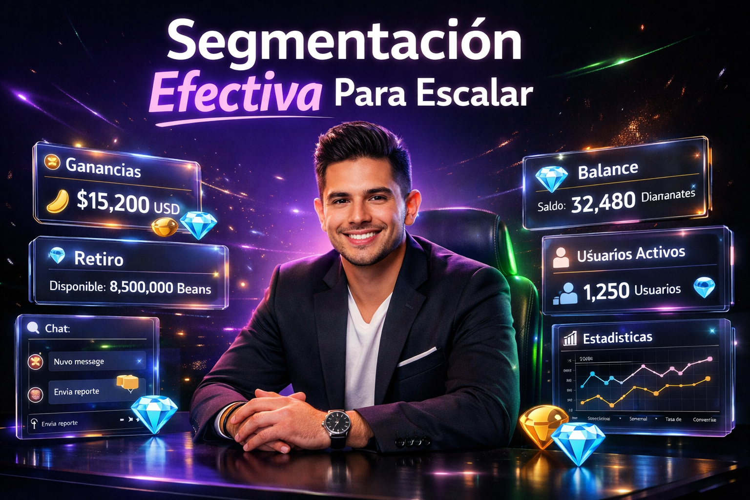 Joven emprendedor colombiano gestionando interfaces de agencia chamet con paneles modernos y segmentación, mostrando estrategias para escalar una agencia chamet con éxito.