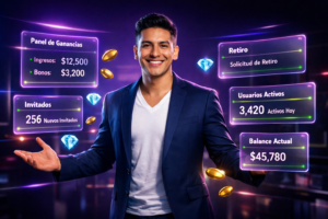 Imagen profesional de blog destacando a un emprendedor colombiano dominando el sistema de referidos Chamet con paneles futuristas y ejemplos de éxito para ayudar a crecer una chamet agency.